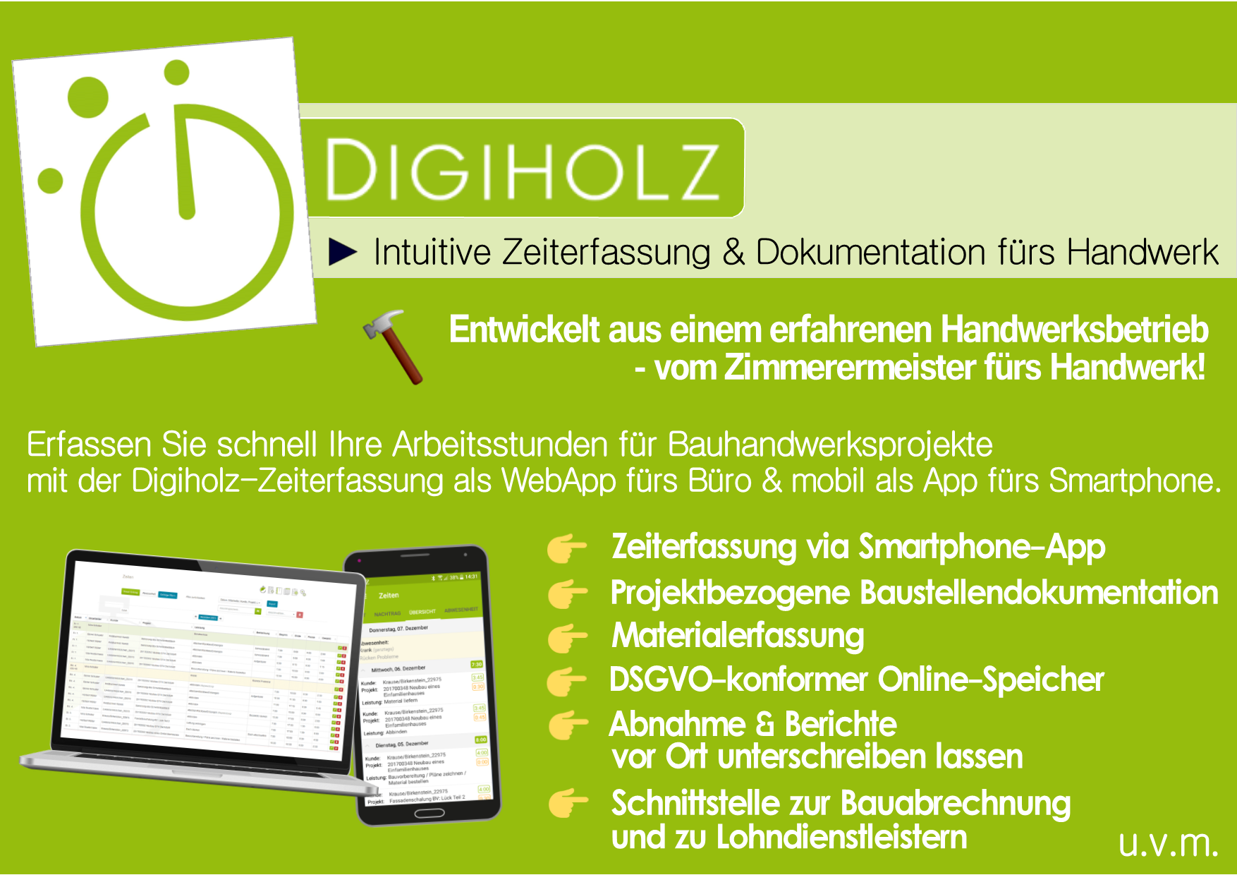 DIGIHOLZ - Intuitive & digitale Zeiterfassung für das Handwerk | Zur jährlichen Miete & Nutzung